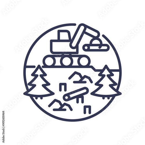 Illustration of deforestation with trees, logs, and machinery.