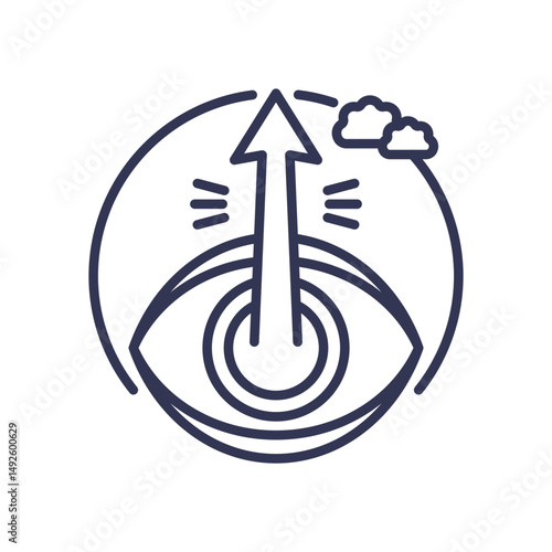An eye with an upward arrow symbolizes vision and foresight, surrounded by clouds.