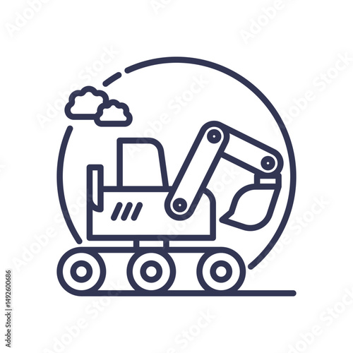 Outline of an excavator with clouds, symbolizing construction and heavy machinery.