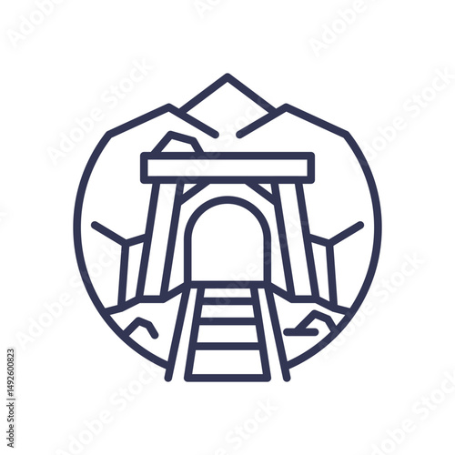 Outline of a mine entrance with tracks leading into a mountain.