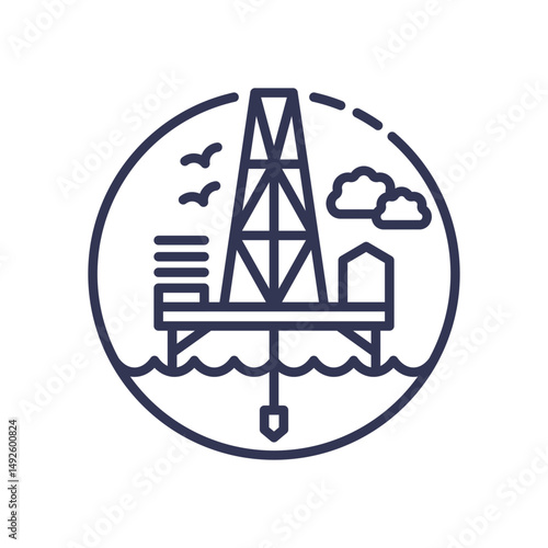 Offshore oil rig icon with birds and clouds, symbolizing marine energy extraction.