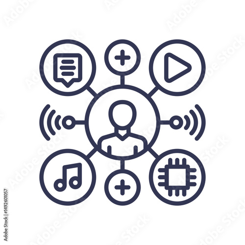 Central figure connected to icons representing media, data, and technology, symbolizing personalized digital interaction.
