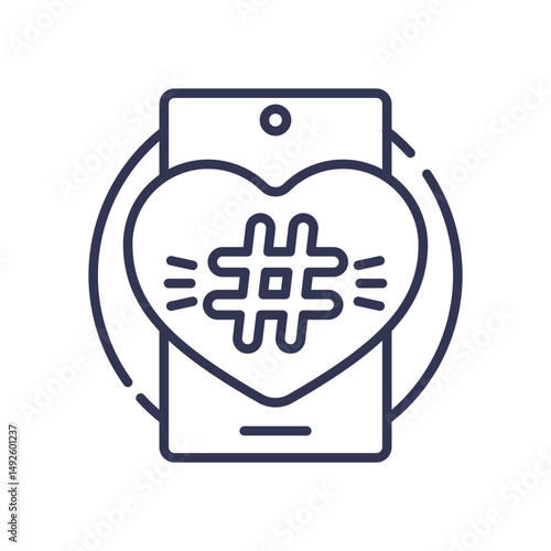 A smartphone with a heart and hashtag symbolizes social media influence and engagement.