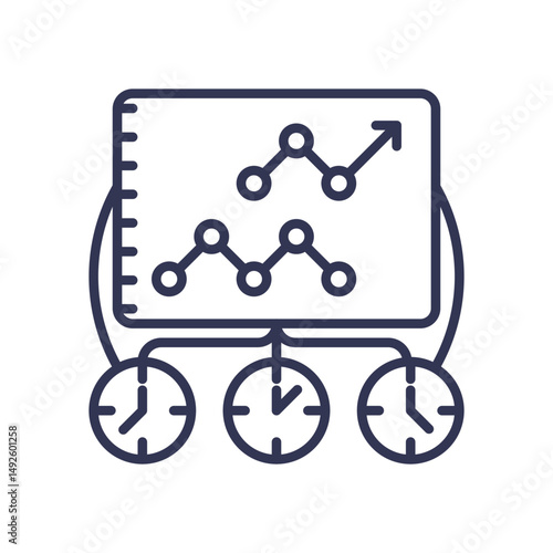 Graph with upward trend and clocks symbolizes time-based data analysis.