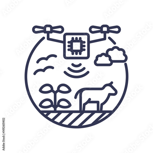 Drone, AI chip, plants, and livestock symbolize smart farming and precision agriculture.