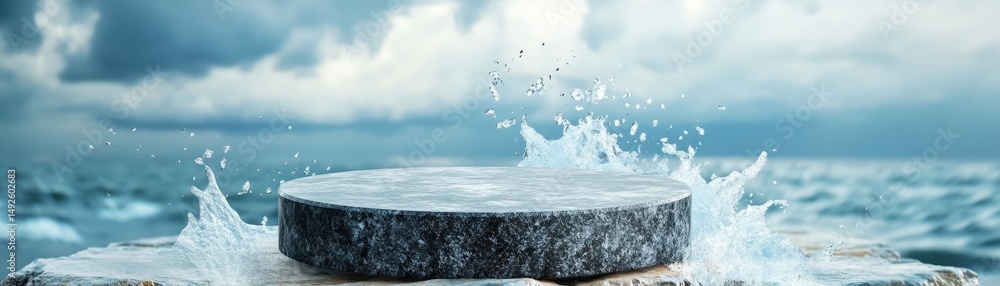 Obraz premium Splashing water action on circular stone platform at sea aerial view dynamic ocean environment for nature enthusiasts