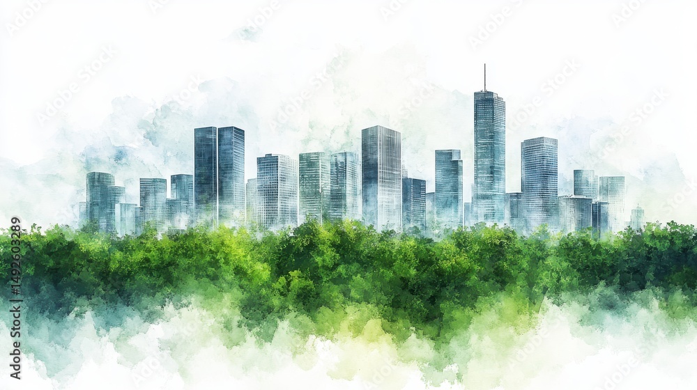 Obraz premium Watercolor Cityscape Emerging from Lush Green Foliage