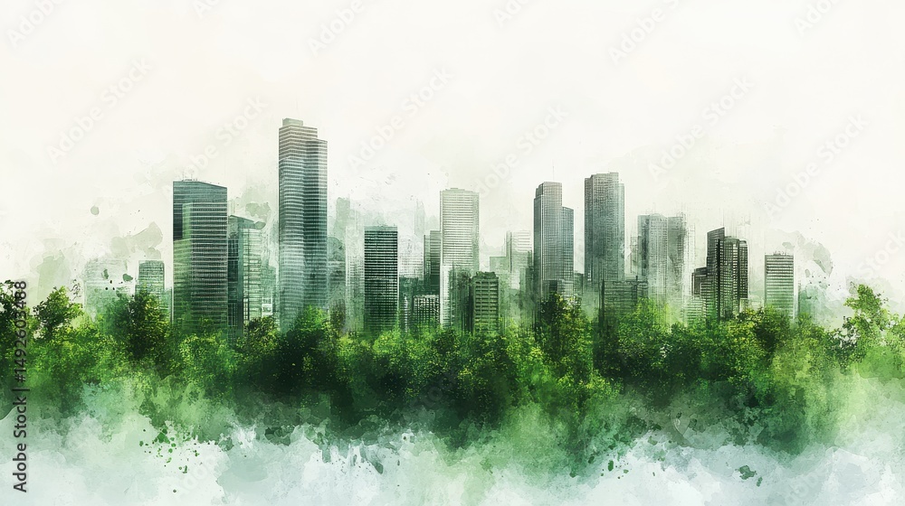 Fototapeta premium Watercolor Cityscape Emerging from Lush Green Foliage