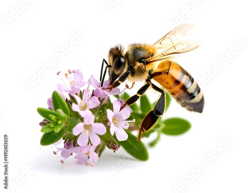 Bee Collecting Pollen From Pink Thyme Flowers on White Background