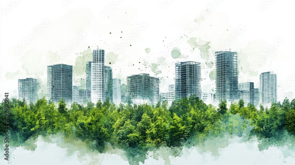 Obraz premium Watercolor Cityscape Emerging from Lush Green Forest