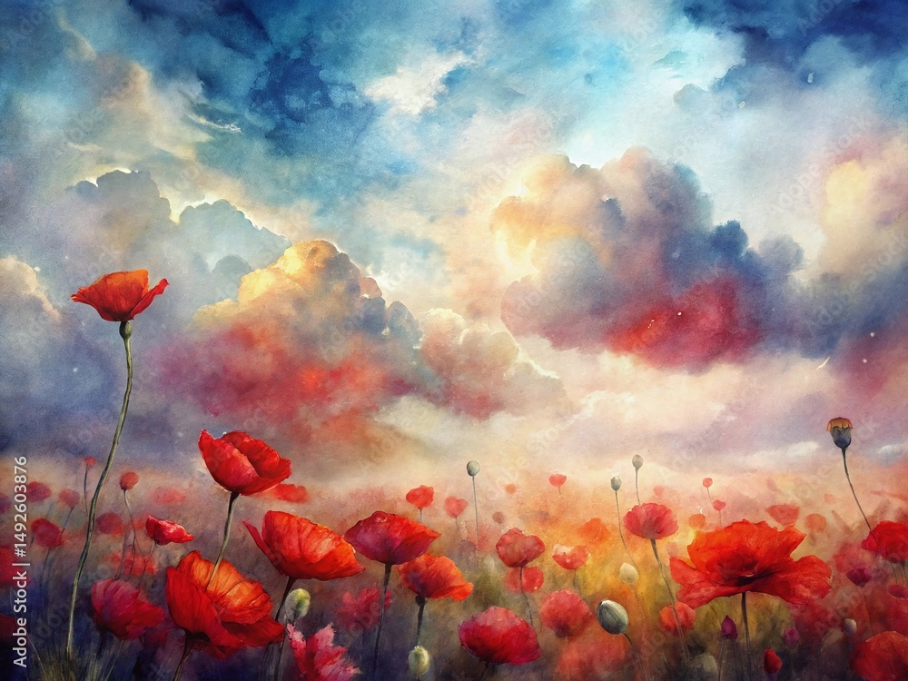Obraz premium Red poppy flowers swaying under a cloudy sky in remembrance and honor