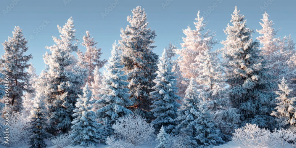 Winter Wonderland with Snow-Covered Pine Trees and Frosted Landscape under Bright Blue Sky in Serene Nature Setting Winter Wonderland with Snow-Covered Pine Trees and Frosted Landscape under Bright Blue Sky in Serene Nature Setting