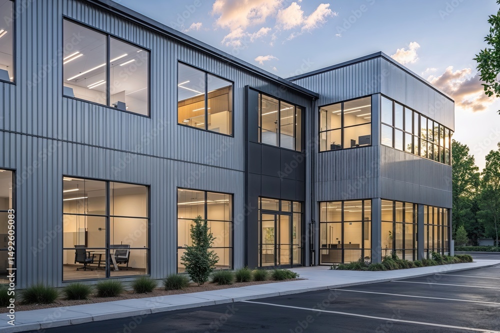 High Tech Distribution Hub Exterior Modern Office Design Sleek Architecture Large Windows Metallic Siding High Tech Distribution Hub Exterior Modern Office Design Sleek Architecture Large Windows Metallic Siding