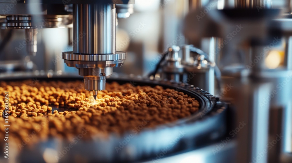 Close-up of a kibble quality control machine, intricate gears and sensors ensuring perfect consistency, Close-up of a kibble quality control machine, intricate gears and sensors ensuring perfect consistency,