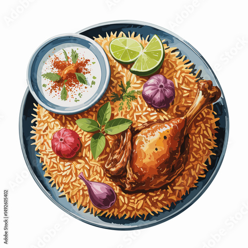 Top View of Chicken Biryani with Raita and Herbs