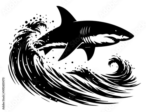 A black and white silhouette of a shark jumping out of a wave on a white isolated background. Vector graphics. EPS.