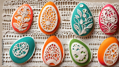 Decorative Easter eggs with intricate designs on lace background