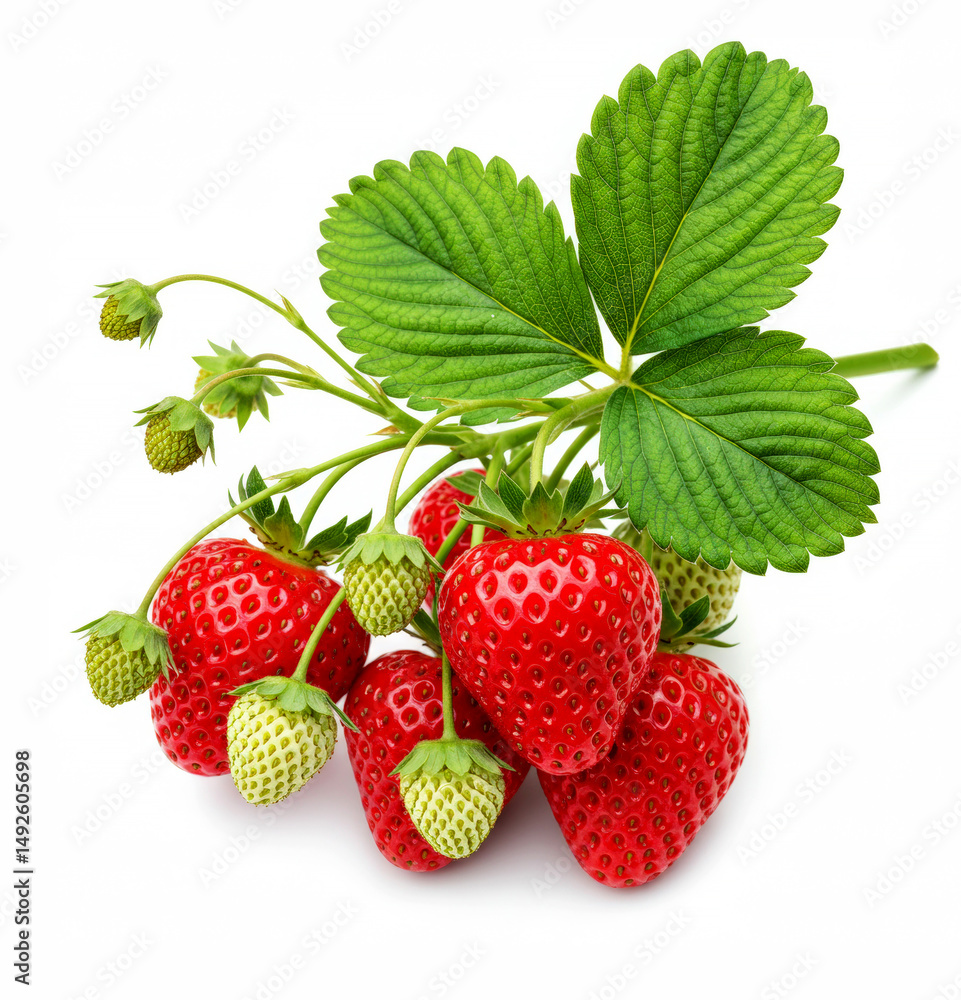 Strawberry branch with ripe fruit and leaves isolated on white Strawberry branch with ripe fruit and leaves isolated on white