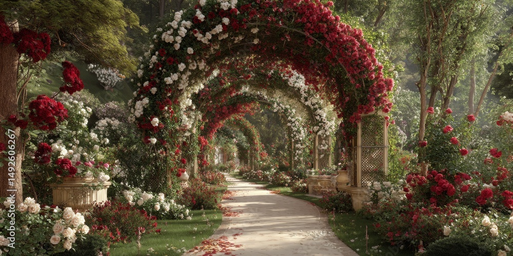 Fototapeta premium Enchanting Rose Garden Pathway Surrounded by Lush Greenery and Vibrant Blooms in Idyllic Natural Setting