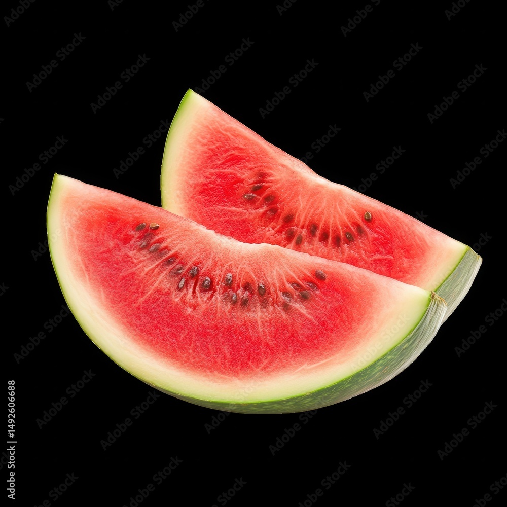 Two watermelon wedges, vibrant red flesh, green rind Two watermelon wedges, vibrant red flesh, green rind