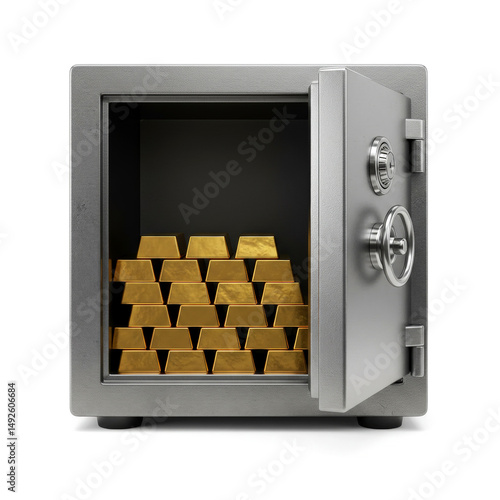 The gold bars are in the safe isolated on a white