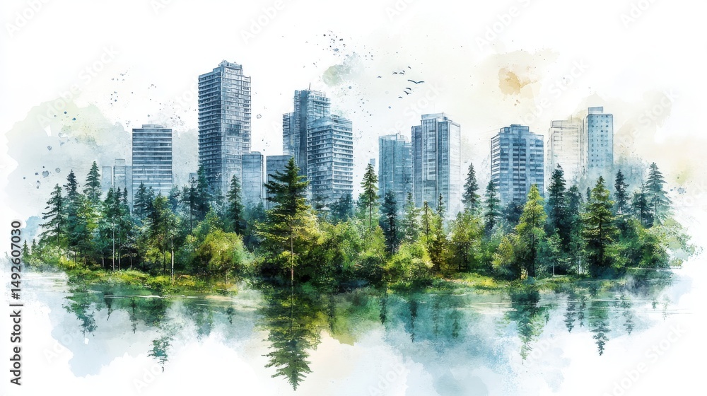 Obraz premium Watercolor Cityscape Green Trees Reflecting in Calm Water