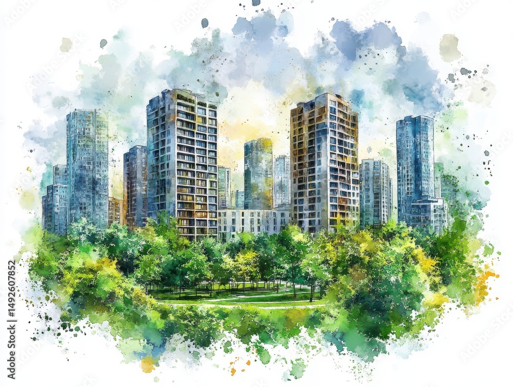 Obraz premium Watercolor Cityscape Lush Green Park and Modern Highrises