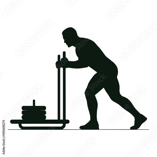 Silhouette of a Man Pushing a Weighted Sled for Strength Training