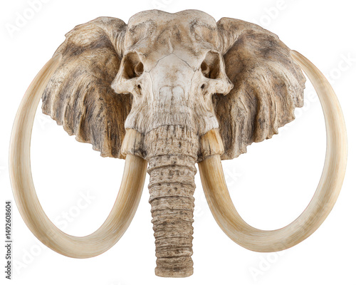 Elephant skull with tusks displayed against transparency background, showcasing intricate details and textures. This striking piece evokes sense of majesty and beauty of wildlife