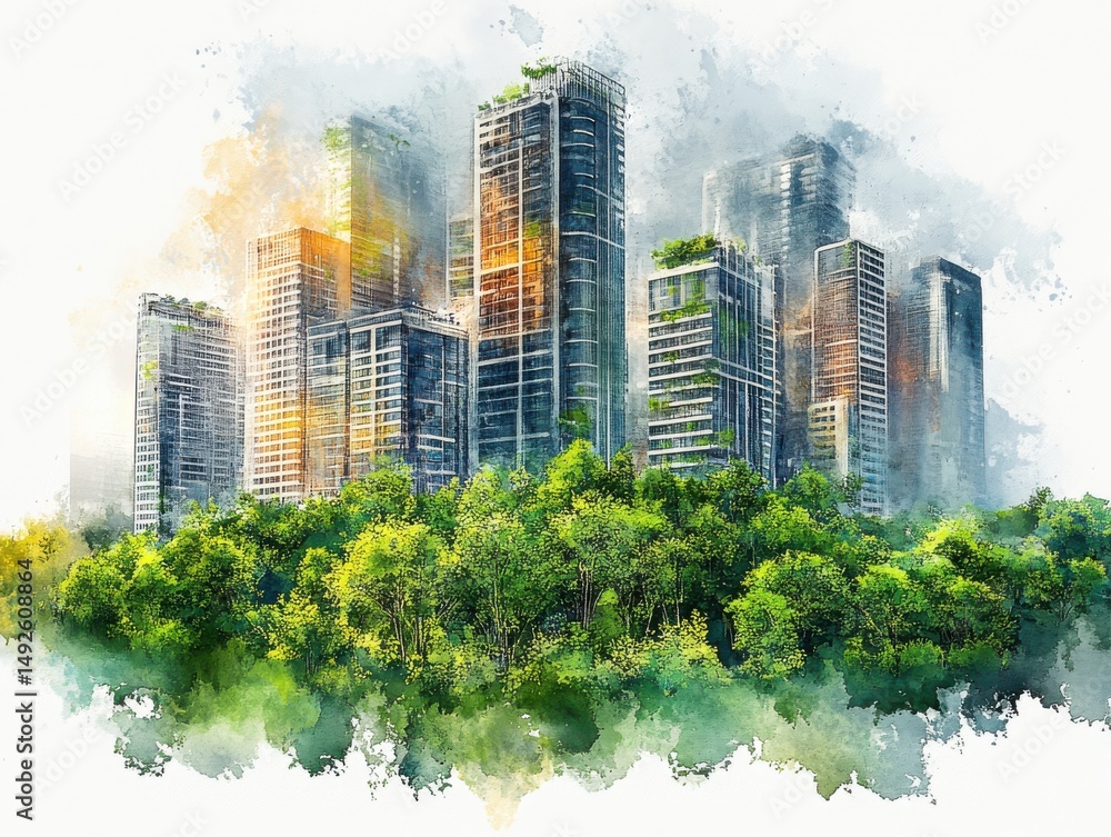 Obraz premium Watercolor Cityscape Lush Green Trees and Modern Highrises