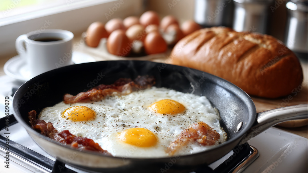 Fried eggs and bacon served in a pan with bread and coffee. Fried eggs and bacon served in a pan with bread and coffee.