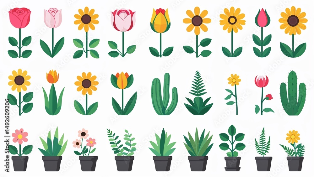 Fototapeta premium Minimalist Flower and Plant Icon Set – Flat Vector Illustrations of Rose, Sunflower, Tulip, Cactus, Monstera, Aloe Vera, and Fern on White Background