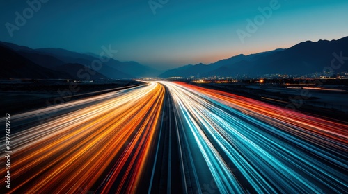 Highway Traffic Streaks at Night Long Exposure Aerial View in Mountainous Landscape California