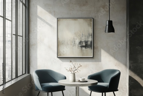 Modern, minimalist interior with abstract art and sunlight.