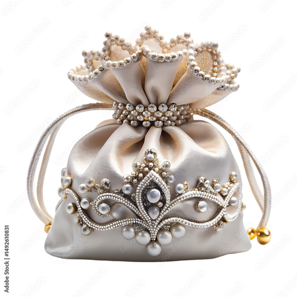 Obraz premium Elegant PearlEmbellished Satin Drawstring Pouch isolated on transparent background