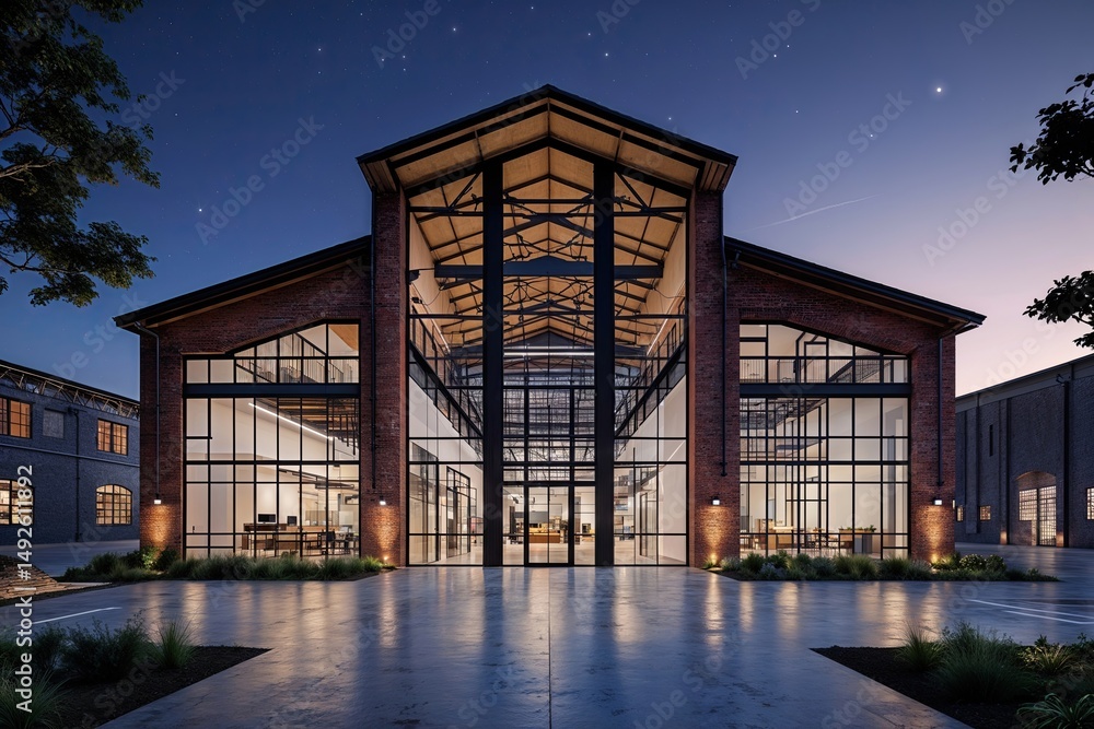 Obraz premium Modern Industrial Warehouse Design with Creative Office Space Illuminated at Night
