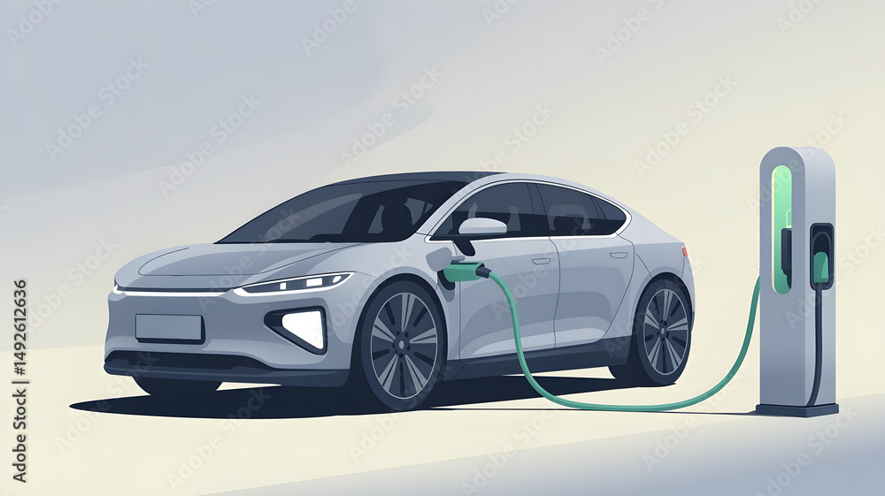 Fototapeta premium Flat Design Minimalist Electric Car Charging Station Illustration – Sustainable Energy, Clean Technology Vector 