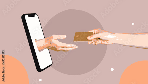 Digital Payment Transaction: Hand Reaching From Smartphone to Exchange Credit