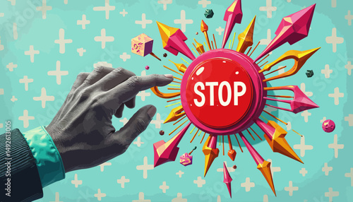 Hand Pressing a Red Stop Button in Pixel Art Style