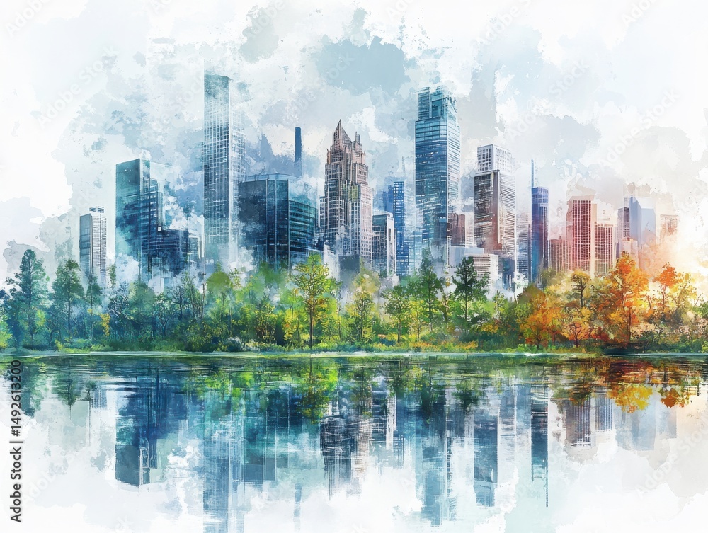 Obraz premium Watercolor Cityscape Reflection Autumn Trees and Modern Buildings