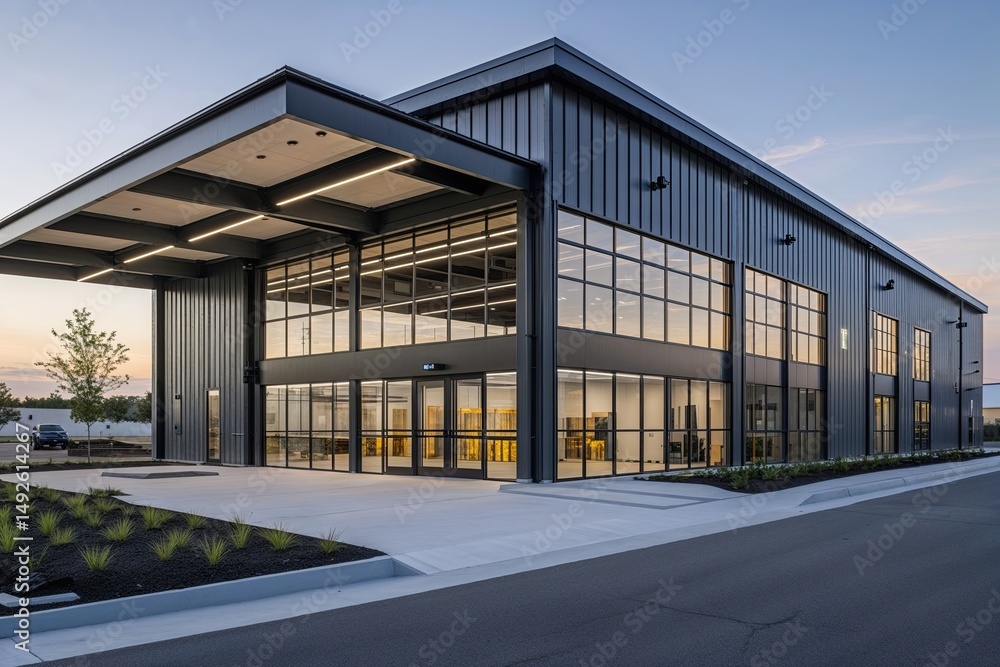 Modern Worksite Facility with Dedicated Office Space Large Freight Loading Areas and Contemporary Glass Entrance Modern Worksite Facility with Dedicated Office Space Large Freight Loading Areas and Contemporary Glass Entrance