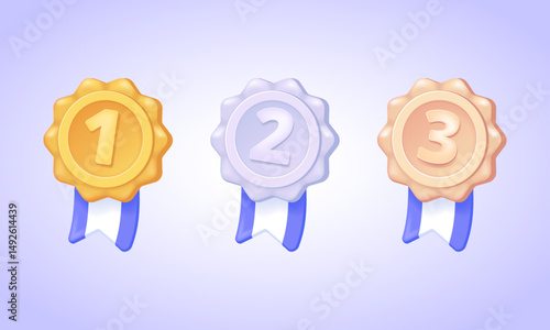 Set of gold, silver and bronze medals with numbers 1 2 3 and ribbons in cartoon pseudo 3d style, winner badges for ranking and award design – 3d vector illustration collection.