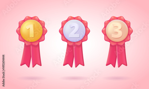 Set of gold, silver and bronze medals with numbers 1 2 3 and ribbons in cartoon pseudo 3d style, winner badges for ranking and award design – 3d vector illustration collection.