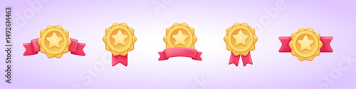 Winner gold star medal with ribbon – cartoon award badge for certificate, contest or quality achievement – vector illustration collection. Set of vector icons.