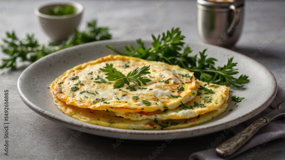 Egg white omelette with herbs, served in a simple round plate. Egg white omelette with herbs, served in a simple round plate.