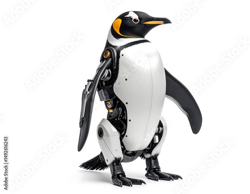 Robotic Penguin Standing Against White Background Showcasing Mechanical Details