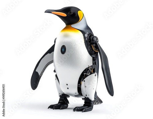 Mechanical Penguin Isolated On White Background Features Black And Silver Metallic Body