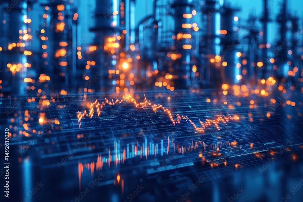Obraz premium Industrial factory background with downward financial chart