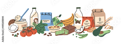 Heap of vegetarian food. Banner with lots of grocery products for vegans. Pile of eating for healthy nutrition. Different milk, vegetables, fruit, soy. Flat isolated vector illustration on white