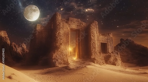 Photos Desert ruins under moonlight ancient structure night landscape